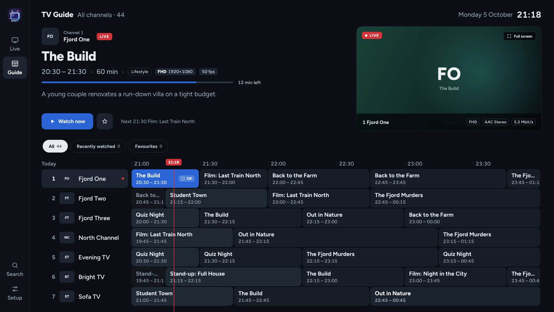 PrettyTv’s TV guide: a programme grid with a live preview window and a red now-line