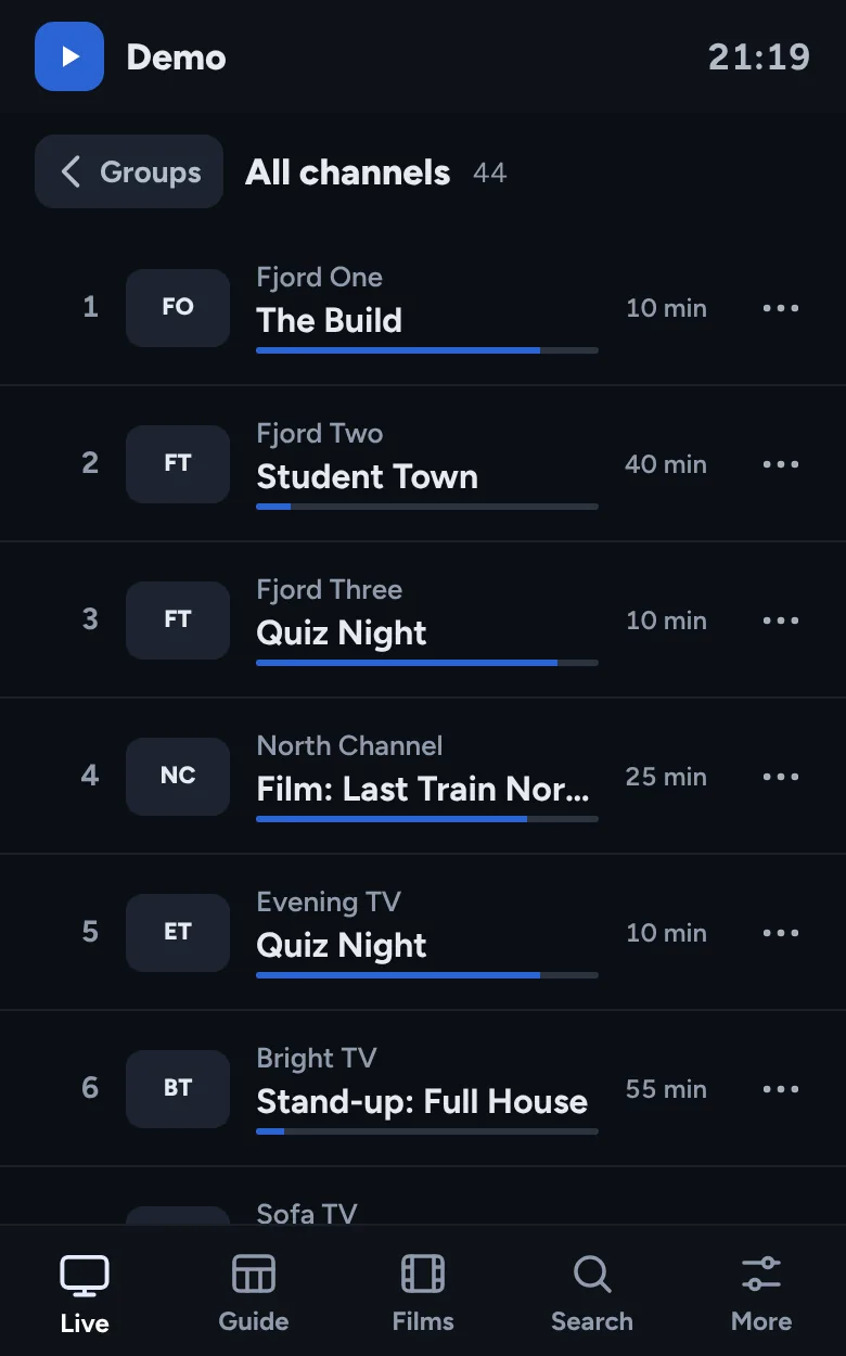 PrettyTv on a phone: the channel list with now-playing and progress bars